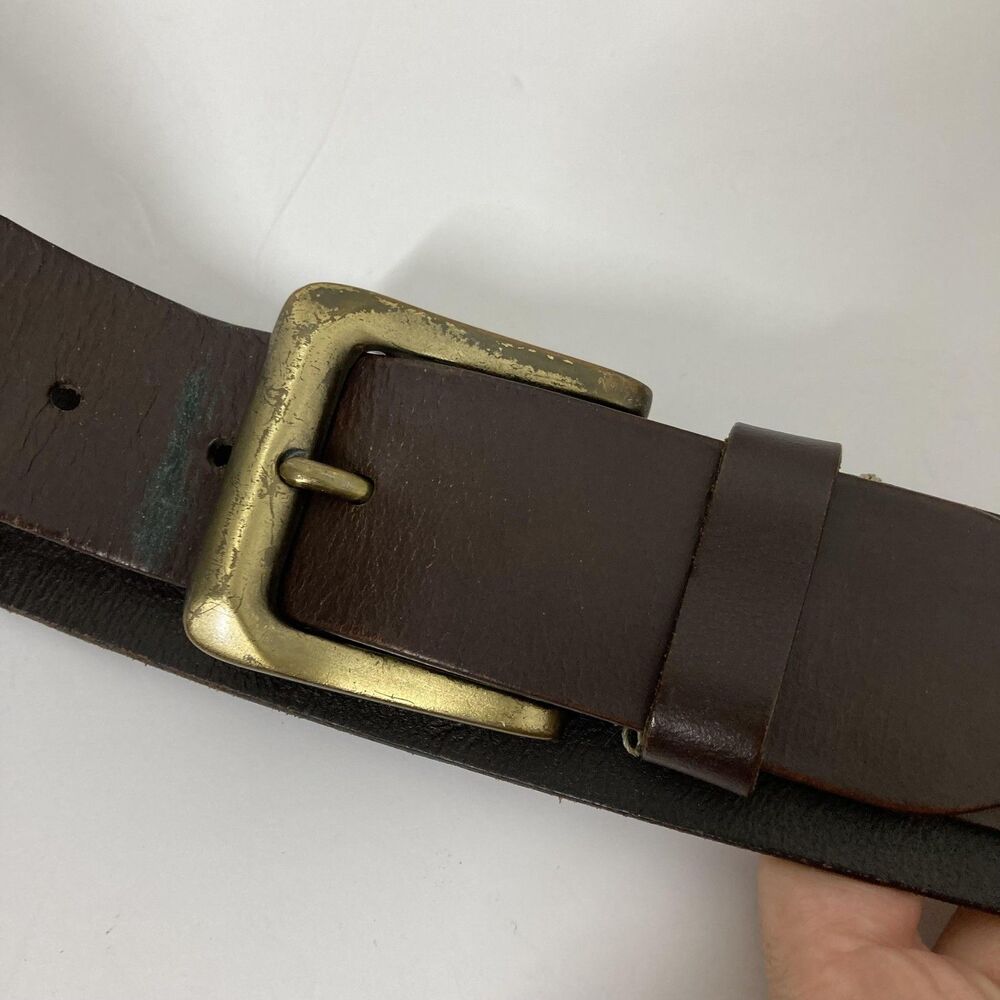 Timberland Leather Belt Mens 32 Brown Antique Brass Buckle Tree Logo Casual - Picture 13 of 14